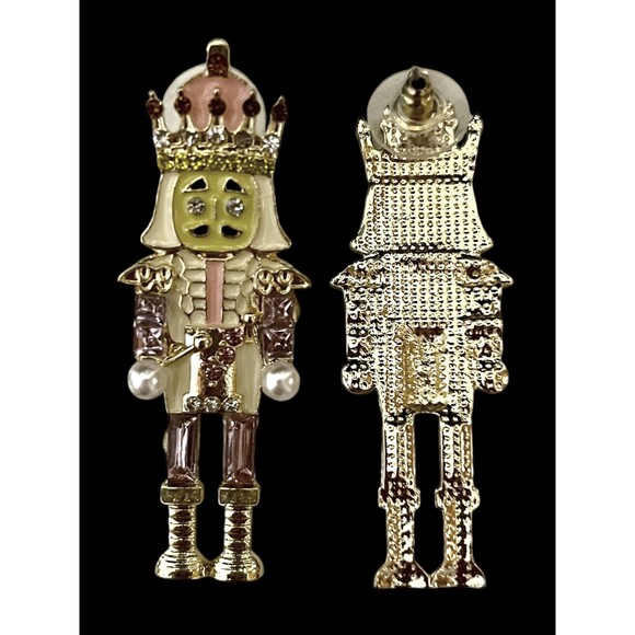Festive Pink Nutcracker Stud Earrings with Shimmering Rhinestones - Picture 4 of 4